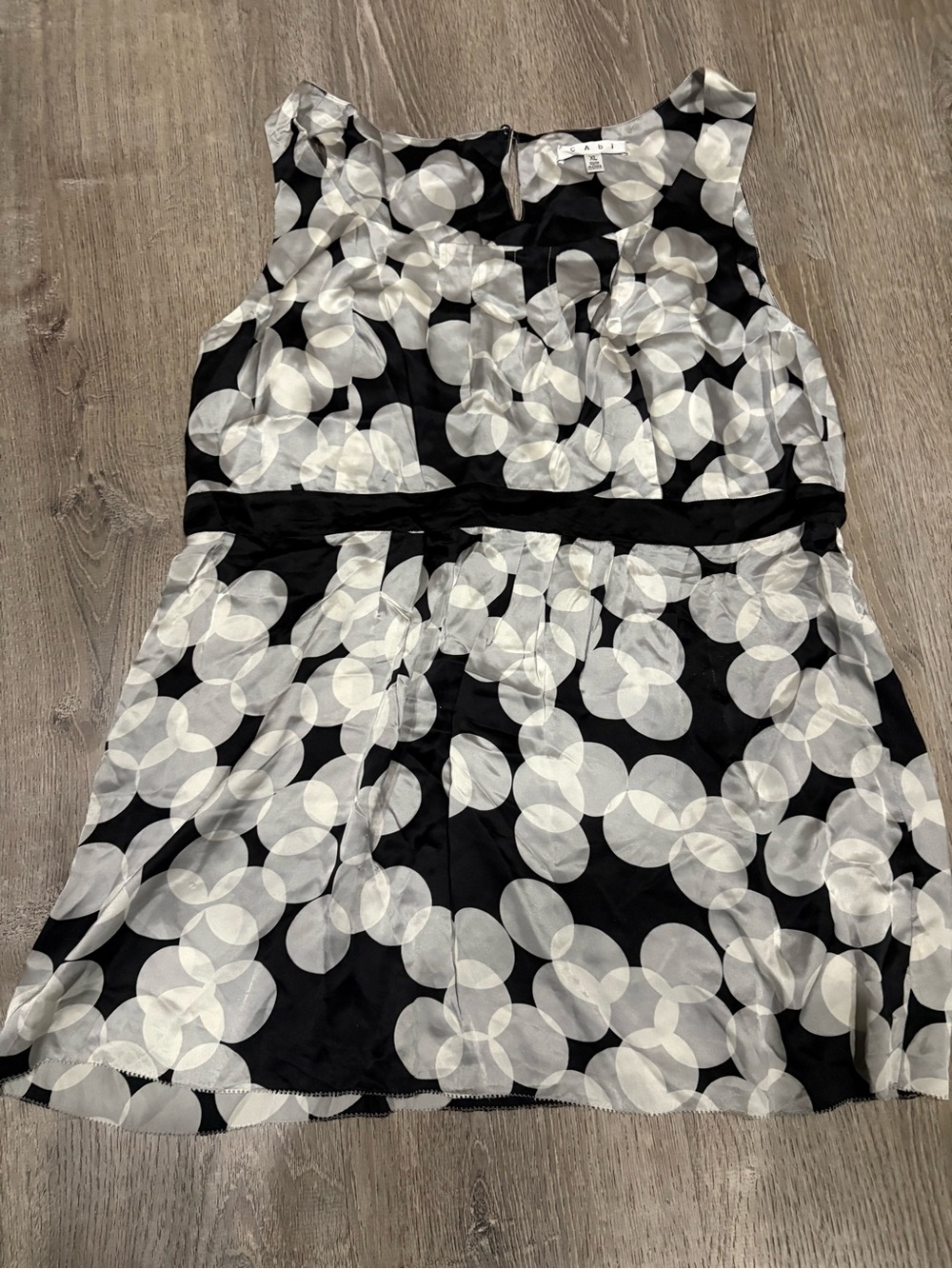 CAbi. Black & White Polka Floral Silk Sleeveless Top.